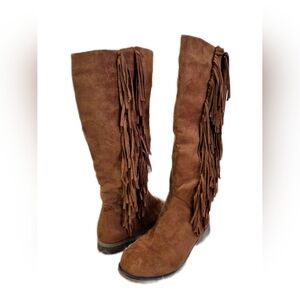 Via Pinky Fringe Boho Western Suede Leather Boots in Brown Knee High 7.5